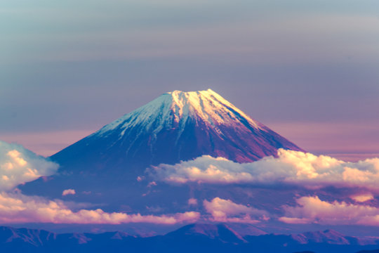 Sunset View Of Mt. Fuji Covered By Snow From Nagano In Winter