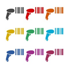 Barcode reader scanning bar code icon or logo, color set