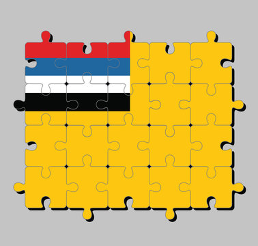 Jigsaw puzzle of Manchukuo flag, the flag of the Empire of Manchuria had a mustard yellow field with four horizontal stripes. Concept of Fulfillment or perfection.