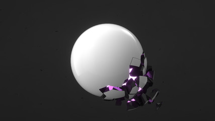 Fractured white sphere with purple glow