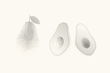 Light Avocados. Set of Bright Whole and Half Avocado on White Background. Low Poly Vector 3D Rendering