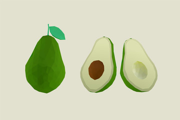 Green Avocados. Set of Whole and Half Avocado on Light Background. Low Poly Vector 3D Rendering