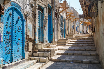 SOUSSE / TUNISIA - JUNE 2015: Typical street inside the medieval Sousse medina, Tunisia