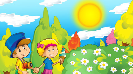 Fototapeta na wymiar cartoon happy and funny scene with kids in the park having fun - illustration for children
