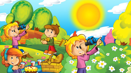 Obraz na płótnie Canvas cartoon happy and funny scene with kids in the park having fun - illustration for children