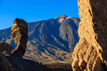 Great view to Teide volcano and rocks Garcia Roques. Tenerife. Canary Islands..Spain