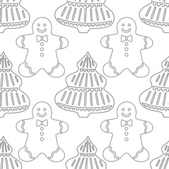 Gingerbread. Black and white illustration for coloring book or page. Christmas, holiday background.