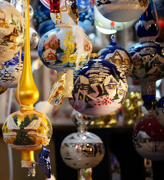 Traditional handmade decorations for christmas tree in the markets of Saint Lucia, Bologna. Santa Lucia, Italy