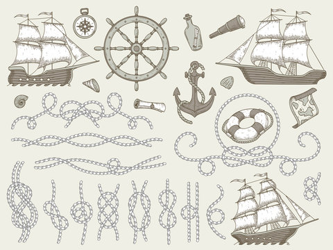 Decorative marine elements. Sea rope frames, sailing boat or nautic ship steering wheel and nautical ropes corners vector set
