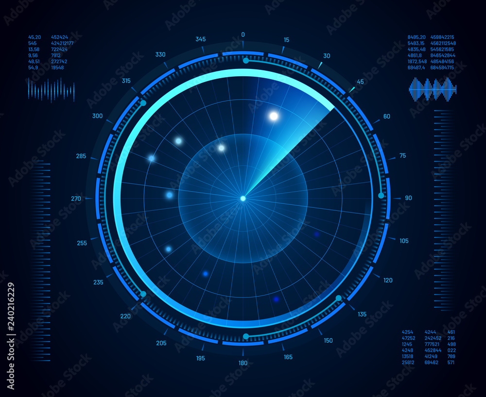 Poster futuristic radar. military navigate sonar, army target monitoring screen and radar vision interface 