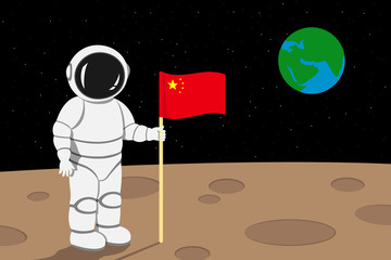 Fototapeta premium Chinese astronaut lending on moon and hold flag of China in his hand. Vector illustration.