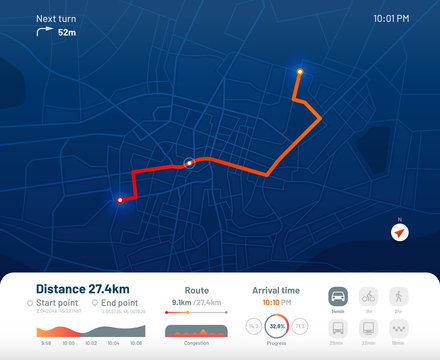 Route Dashboard. City Street Map Navigation, Town Running Routes And Gps Tracking Maps App Flat Vector Illustration