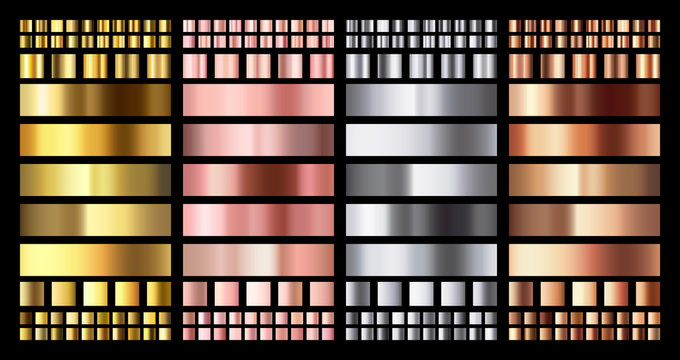 Elegant metallic gradient. Shiny rose gold, silver and bronze medals gradients. Golden, pink copper and chrome metal vector collection