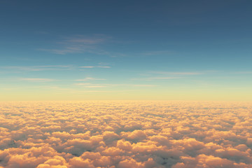 Above clouds, view from pilot cabine in airplane. Aerial view above clouds during the sunrise or sunset. Blue sky, white clouds with magic and soft sun light.