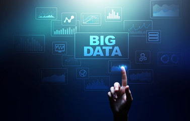 Big data analysis, business intelligence, technology solutions concept on virtual screen.