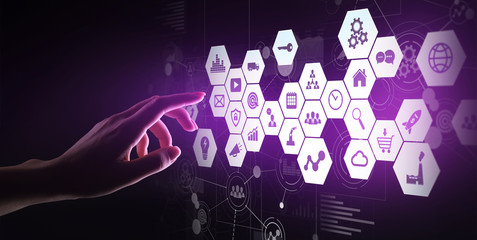 Mixed media, Business intelligence icons on virtual screen, analysis and big data processing dashboard. Business and modern information technology concept.