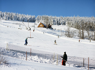 Zieleniec, Lower Silesia Region, Poland: February, 2011 - ski lift in Zieleniec