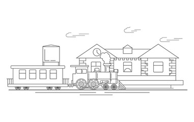 Steam locomotive vintage vehicle.The railway station with train carriage in line art flat style a vector design.Vintage illustration. A design element for infographic. © dukesn