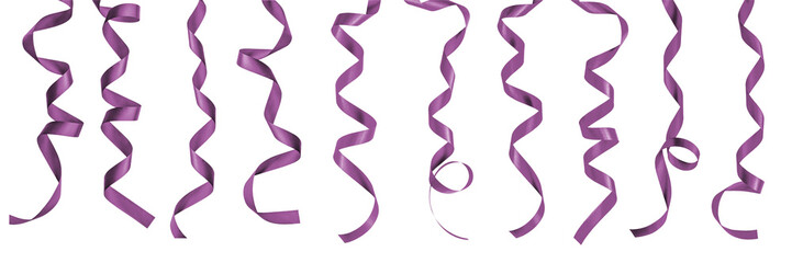 Purple satin ribbon lavender bow scroll set isolated on white background with clipping path for...