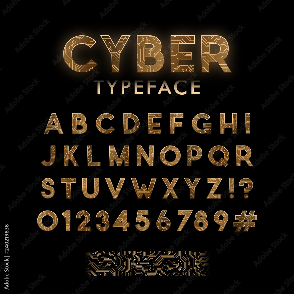 Fototapete golden circuit board pattern typeface. digital vector font design. cyber alphabet.