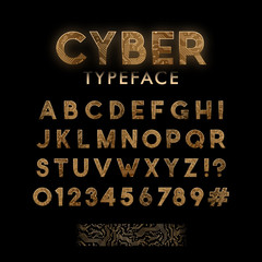 Golden circuit board pattern typeface. Digital vector Font design. Cyber alphabet.