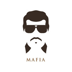 Latino man with mustache, wearing dark sunglasses. Portrait of mafioso. Vector illustration.