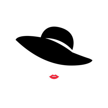 Woman with red lips and fashion hat. Logo design template with lady silhouette. Vector illustration.