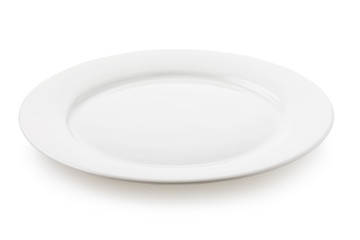 Empty ceramic plate white color, a side view of the isolated object