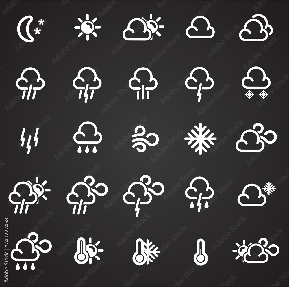 Poster weather forecast icons set on black background for graphic and web design, modern simple vector sign