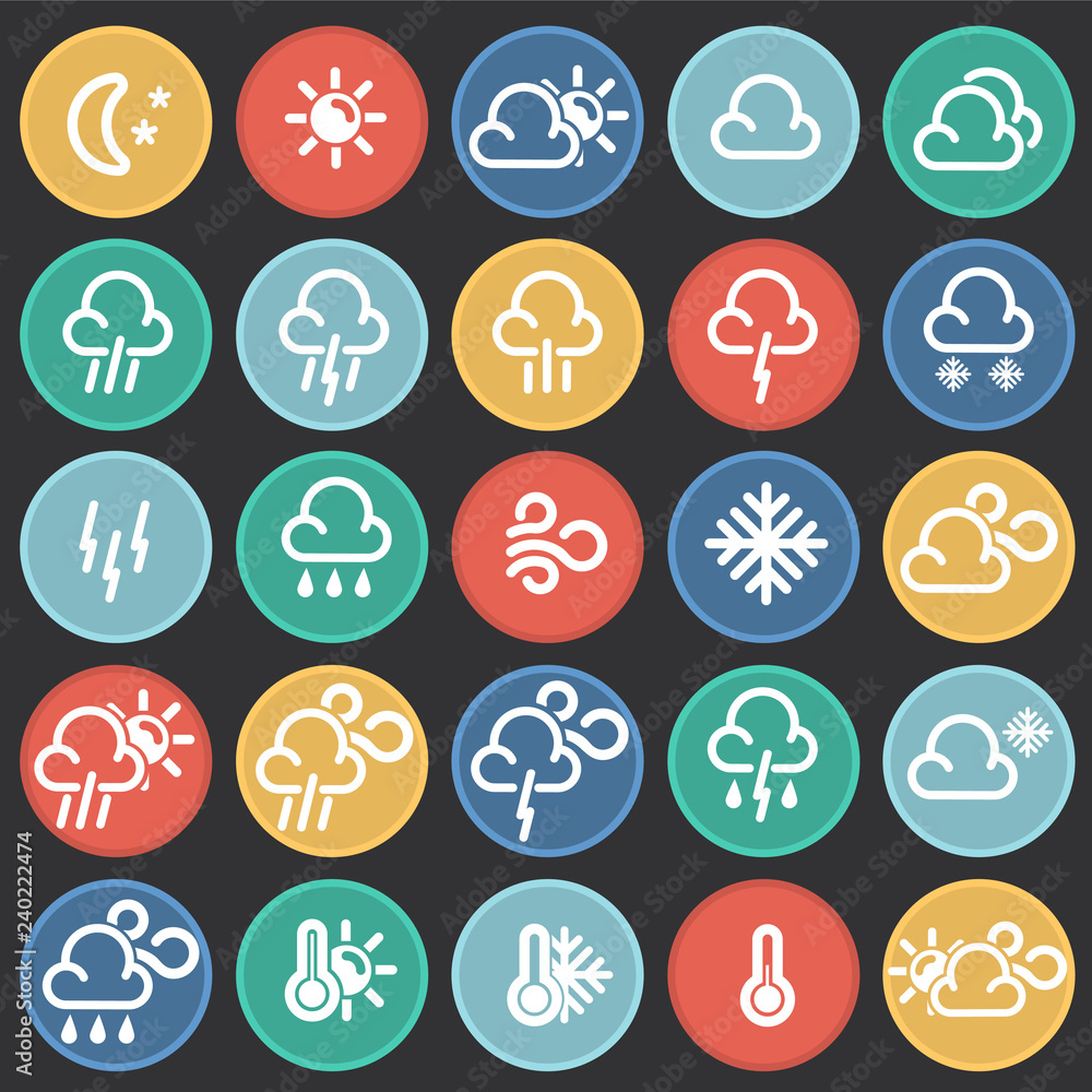 Poster weather forecast icons set on color circles black background for graphic and web design, modern simp