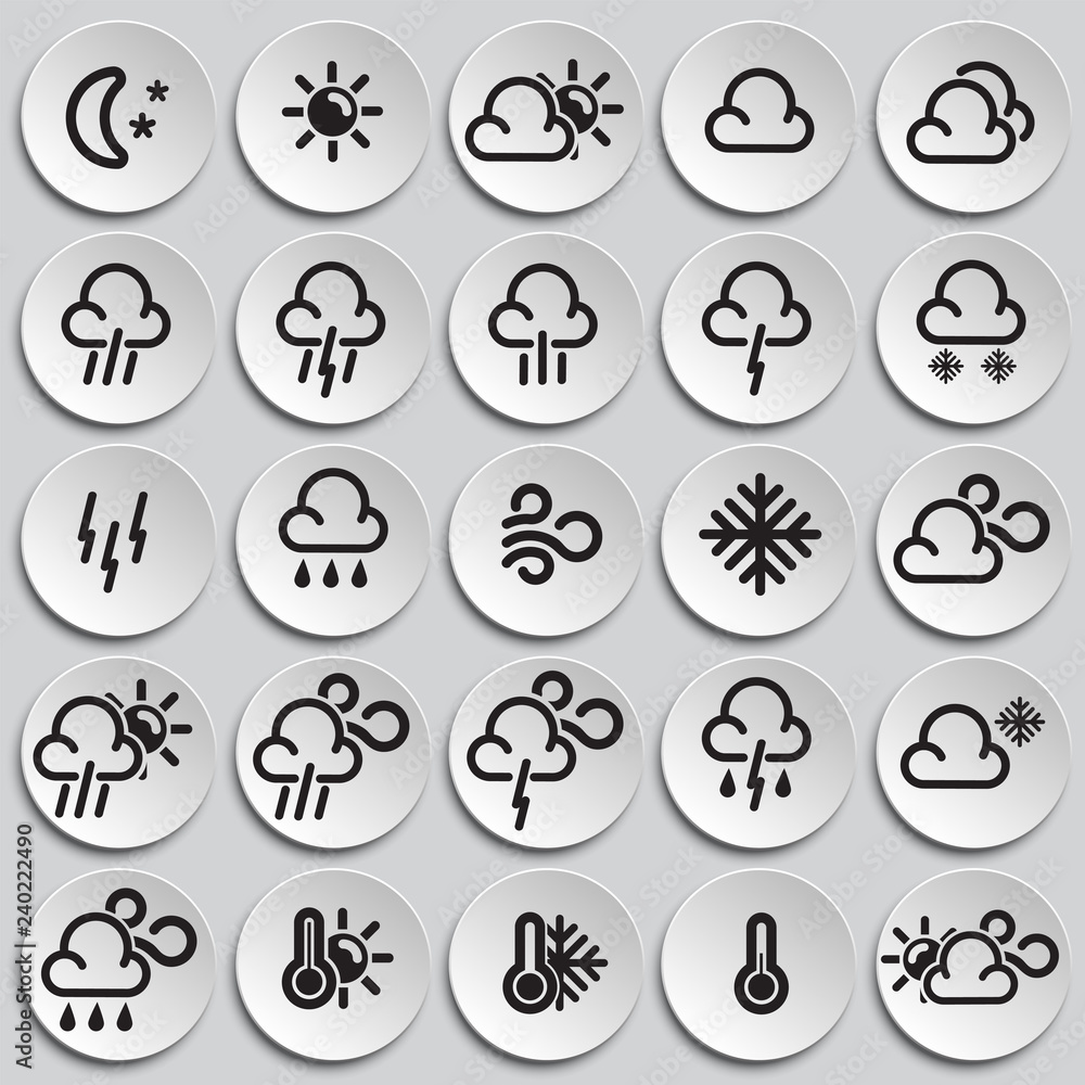Poster weather forecast icons set on plates background for graphic and web design, modern simple vector sig