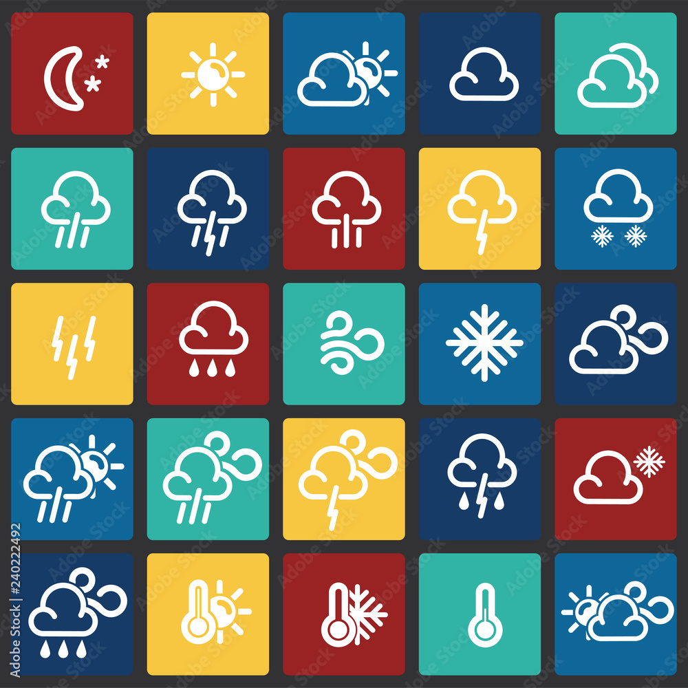 Poster weather forecast icons set on color squares background for graphic and web design, modern simple vec