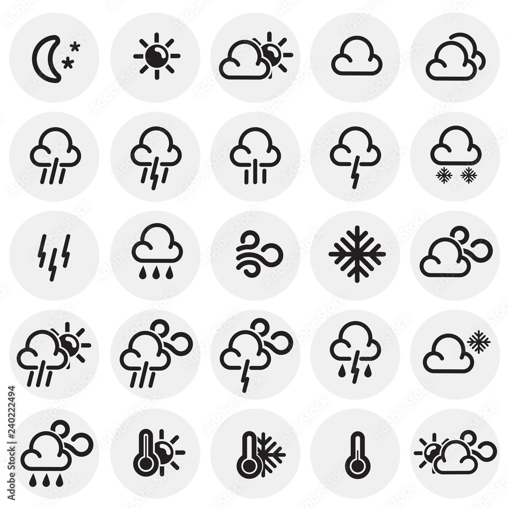 Poster weather forecast icons set on circles background for graphic and web design, modern simple vector si