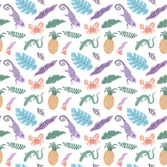 Seamless pattern Exotic tropical animals. Paradise, tropic plants
