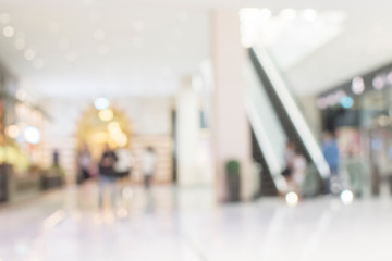 Abstract blur escalators at the modern shopping mall interior defocused background