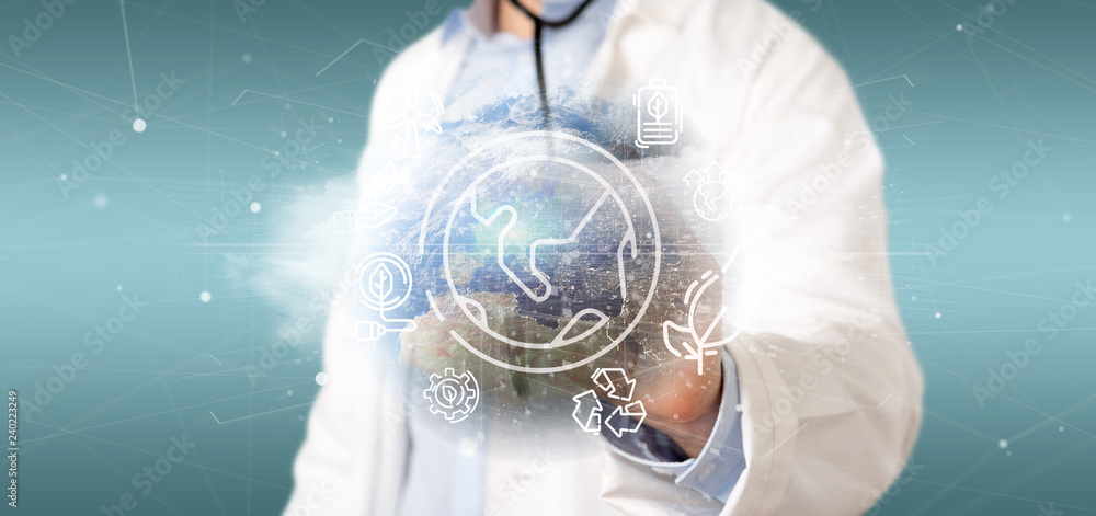 Poster docotor holding a world globe surronding by ecology icons and connection 3d rendering