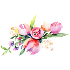Fototapeta na wymiar Pink and yellow floral botanical flower bouquet. Watercolor background set. Isolated bouquet illustration element.