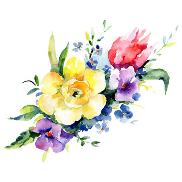 Purple and yellow floral botanical flower bouquet. Watercolor background set. Isolated bouquet illustration element.