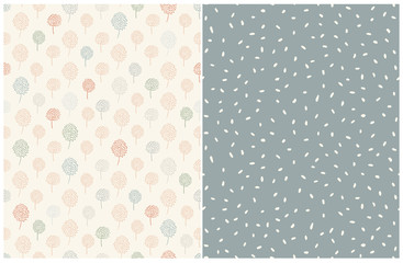 Simple Abstract Floral And Dots Pattern. Pale Blue, Green and Red Abstract Trees on a Light Beige Background. Cream Color Dots on a Pale Green Layout. Lovely Pastel Color Printable Decoration Set.