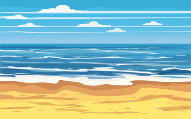 Fototapeta na wymiar Seascape Tropical Beach Travel Holiday Vacation Leisure Nature Concept, ocean, sea, shore, vector illustration. Beautiful view seascape and sky background. Travel concept.