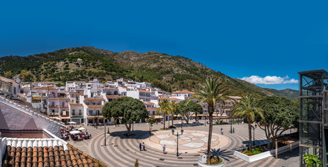 Panoramic view of the main square of Mijas, a traditional white village in the mountain of the coast of Malaga, Spain. - obrazy, fototapety, plakaty