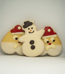  Christmas cookies in the shape of Santa Claus, Christmas tree and snowman. Tasty Christmas cookies. Gift ideas for Christmas.