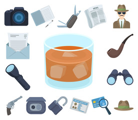 Detective and Attributes cartoon icons in set collection for design.Detective Agency vector symbol stock web illustration.