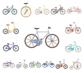 Various bicycles cartoon icons in set collection for design. The type of transport vector symbol stock web illustration.