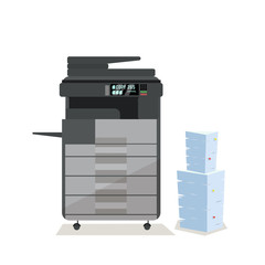 Large dark grey office floor multifunction printer scanner copier with pile of documents in cardboard boxes. on white background. Flat cartoon vector illustration.