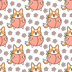 Fototapeta premium Seamless pattern with dog welsh corgi, in peach, with flowers on a white background. It can be used for packaging, wrapping paper, textile and etc.