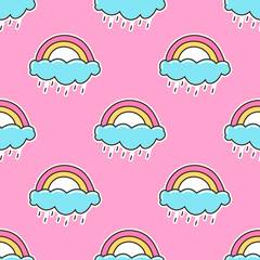 Seamless pattern with rainbow and cloud, on a pink background. It can be used for packaging, wrapping paper, textile and etc.