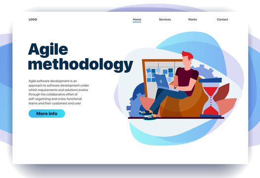 Web page design templates for agile methodology, kanban board, waterfall, software development, consulting. Guy works on his laptop. Modern vector illustration concepts for website and mobile website