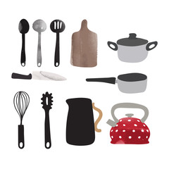 kitchen utensils set. watercolor kitchenware. kettle, spoon, pots, knife, chopping board