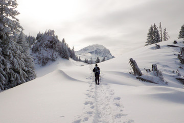 woman hiking into the winter mountain landscape of the Alps of Switzerland with snowshoes on a beautiful day